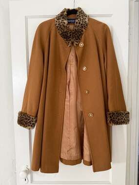 Vintage Herman Kay Camel Wool Swing Coat with Faux Leopard Fur Collar & Cuffs